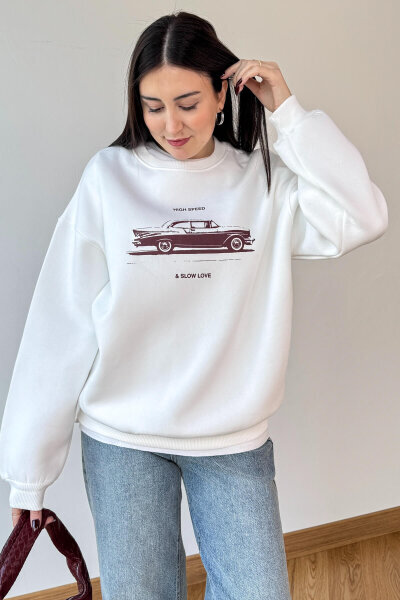 SWT-1894 Beyaz Baskılı Şardonlu Üç İplik Kompakt Penye Kumaş Sweatshirt 