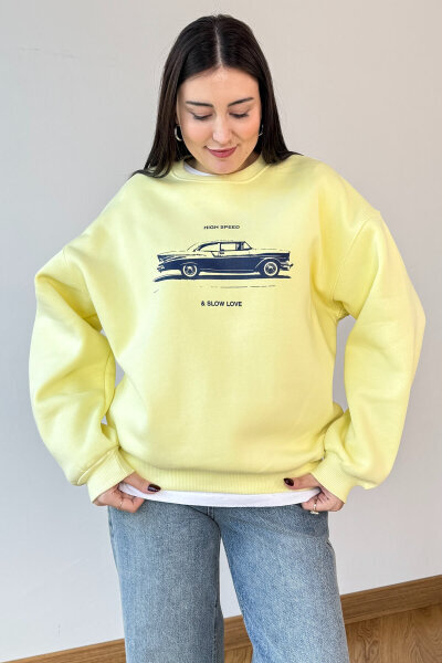 SWT-1894 Sarı Baskılı Şardonlu Üç İplik Kompakt Penye Kumaş Sweatshirt 
