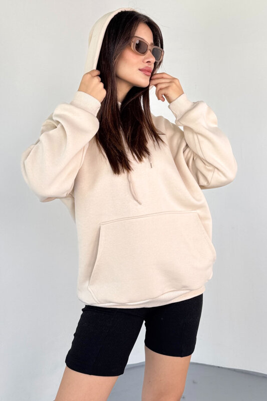 SWT-197 Bej Kapüşonlu Kanguru Cepli Basic Sweat - 2