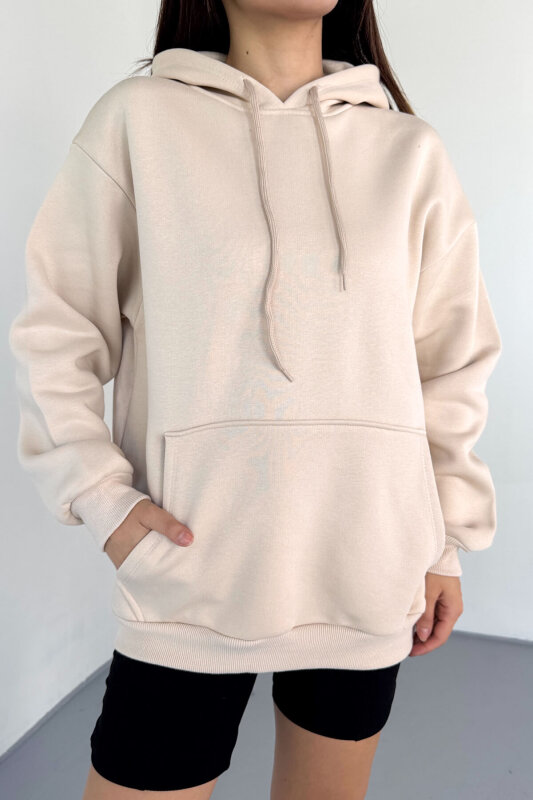 SWT-197 Bej Kapüşonlu Kanguru Cepli Basic Sweat - 3