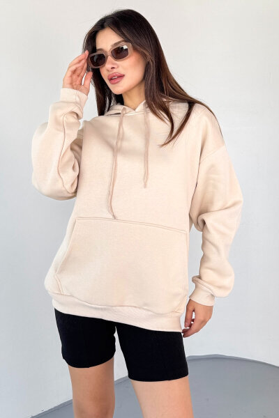 SWT-197 Bej Kapüşonlu Kanguru Cepli Basic Sweat 