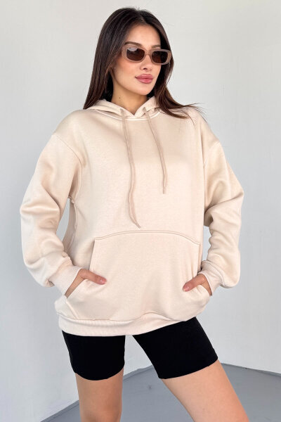SWT-197 Bej Kapüşonlu Kanguru Cepli Basic Sweat - 4