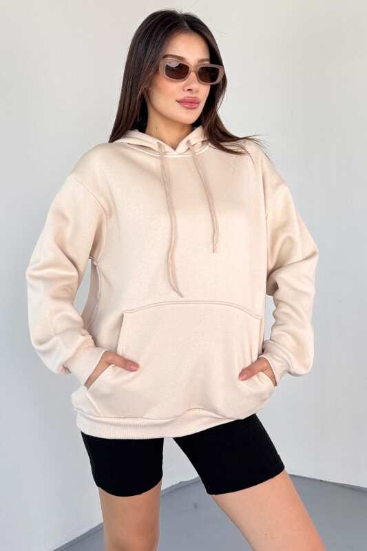SWT-197 Bej Kapüşonlu Kanguru Cepli Basic Sweat - 4