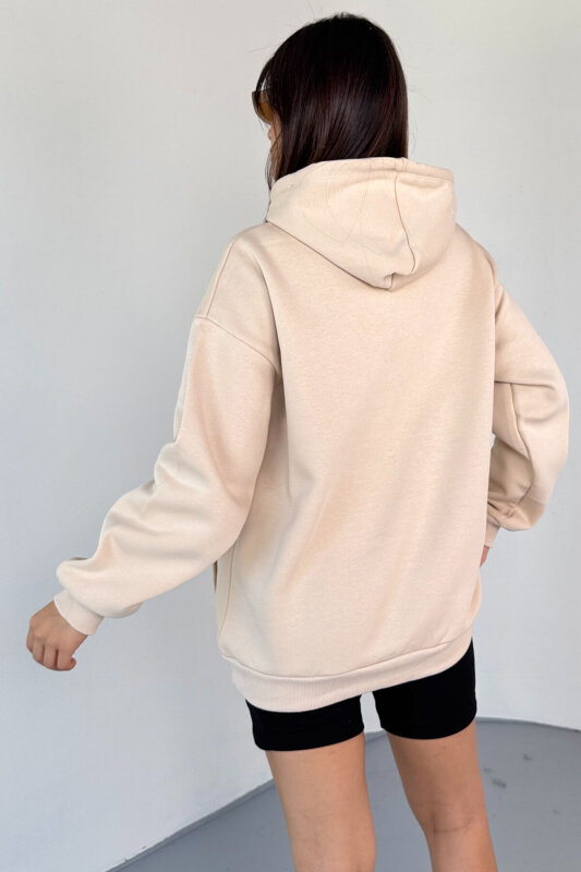 SWT-197 Bej Kapüşonlu Kanguru Cepli Basic Sweat - 5