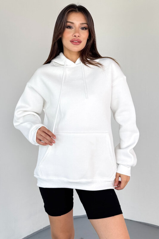 SWT-197 Beyaz Kapüşonlu Kanguru Cepli Basic Sweat - 2
