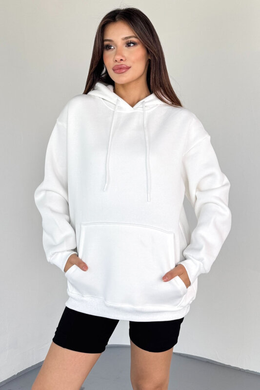 SWT-197 Beyaz Kapüşonlu Kanguru Cepli Basic Sweat - 1