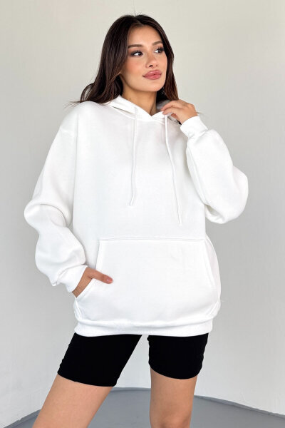 SWT-197 Beyaz Kapüşonlu Kanguru Cepli Basic Sweat - 3