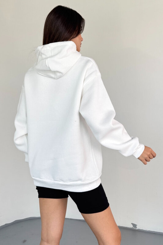 SWT-197 Beyaz Kapüşonlu Kanguru Cepli Basic Sweat - 4
