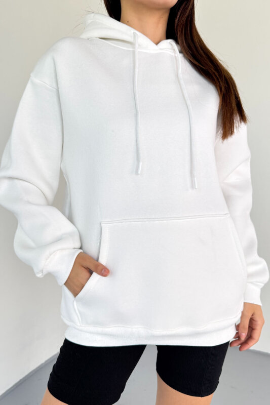 SWT-197 Beyaz Kapüşonlu Kanguru Cepli Basic Sweat - 5