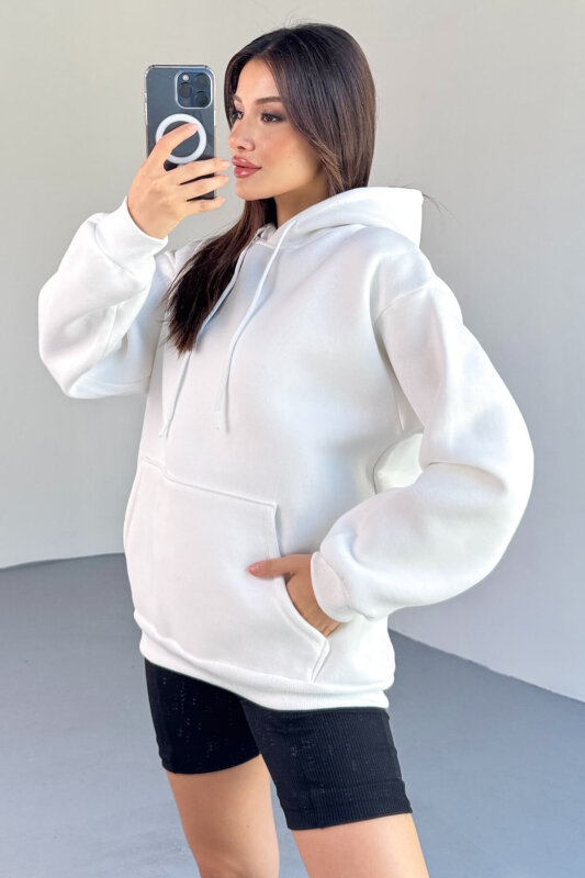 SWT-197 Beyaz Kapüşonlu Kanguru Cepli Basic Sweat - 6