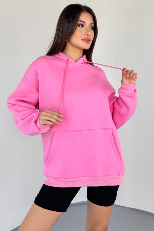SWT-197 Pembe Kapüşonlu Kanguru Cepli Basic Sweat - 1