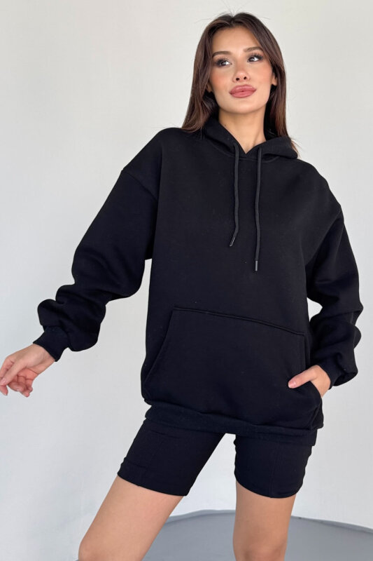 SWT-197 Siyah Kapüşonlu Kanguru Cepli Basic Sweat - 2