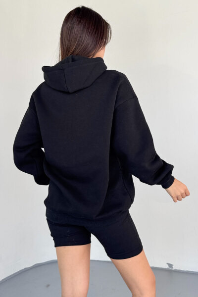 SWT-197 Siyah Kapüşonlu Kanguru Cepli Basic Sweat - 3