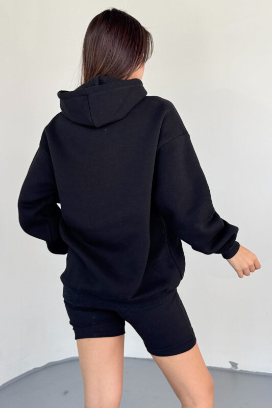 SWT-197 Siyah Kapüşonlu Kanguru Cepli Basic Sweat - 3