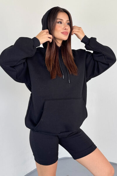 SWT-197 Siyah Kapüşonlu Kanguru Cepli Basic Sweat - 4