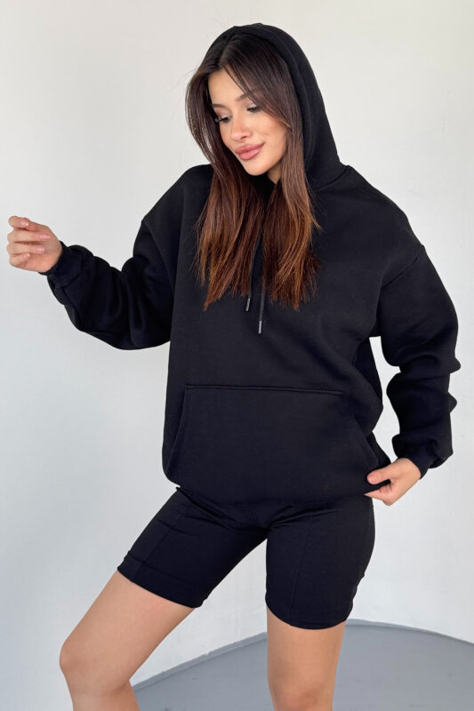 SWT-197 Siyah Kapüşonlu Kanguru Cepli Basic Sweat - 1
