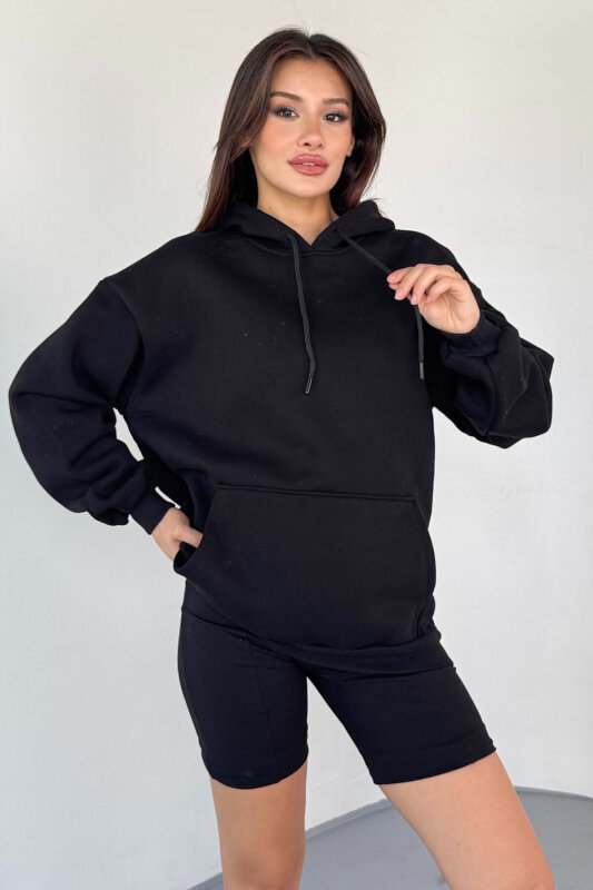 SWT-197 Siyah Kapüşonlu Kanguru Cepli Basic Sweat - 5
