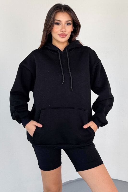 SWT-197 Siyah Kapüşonlu Kanguru Cepli Basic Sweat - 6