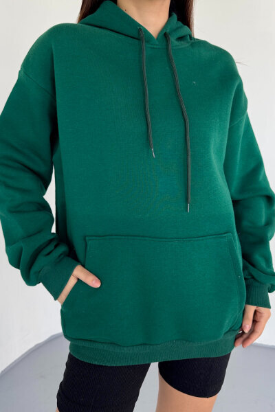 SWT-197 Yeşil Kapüşonlu Kanguru Cepli Basic Sweat - 3