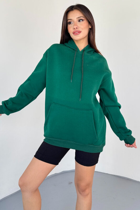 SWT-197 Yeşil Kapüşonlu Kanguru Cepli Basic Sweat - 4