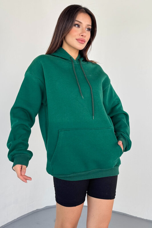 SWT-197 Yeşil Kapüşonlu Kanguru Cepli Basic Sweat - 5