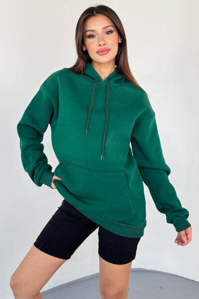 SWT-197 Yeşil Kapüşonlu Kanguru Cepli Basic Sweat 
