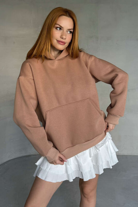 SWT-20311 Vizon Kapüşonlu Üç İplik Şardonlu Kumaş Sweatshirt - 1