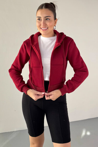 SWT-212 Bordo Kapüşonlu Fermuarlı Cep Detaylı Cropped Sweat - Cappmoda (1)