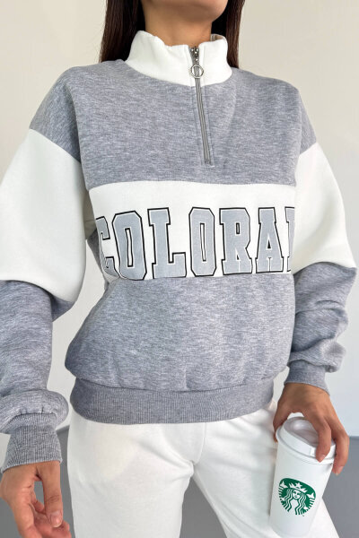 SWT-223 Gri Renk Bloklu Colorado Baskılı Yarım Fermuarlı Sweatshirt - 3