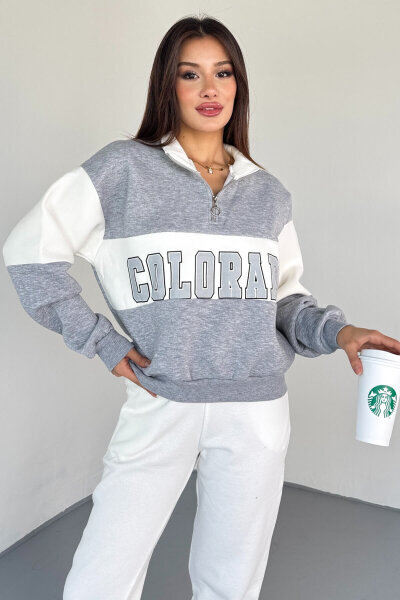 SWT-223 Gri Renk Bloklu Colorado Baskılı Yarım Fermuarlı Sweatshirt 
