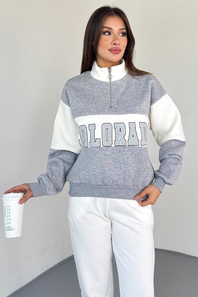 SWT-223 Gri Renk Bloklu Colorado Baskılı Yarım Fermuarlı Sweatshirt - 4