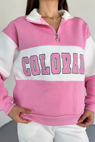 SWT-223 Pembe Renk Bloklu Colorado Baskılı Yarım Fermuarlı Sweatshirt - 2