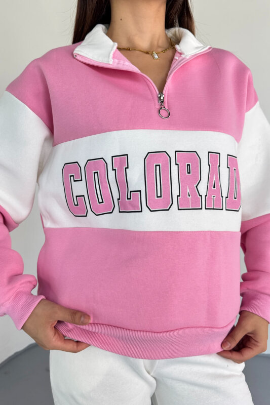 SWT-223 Pembe Renk Bloklu Colorado Baskılı Yarım Fermuarlı Sweatshirt - 2