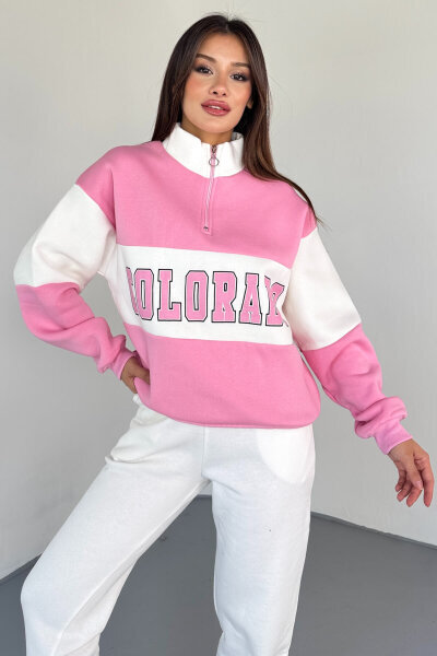 SWT-223 Pembe Renk Bloklu Colorado Baskılı Yarım Fermuarlı Sweatshirt - 4
