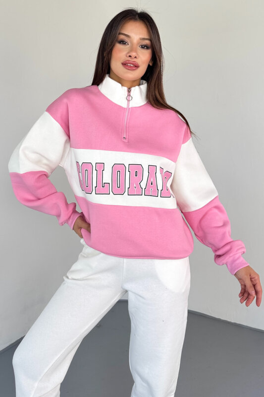 SWT-223 Pembe Renk Bloklu Colorado Baskılı Yarım Fermuarlı Sweatshirt - 4