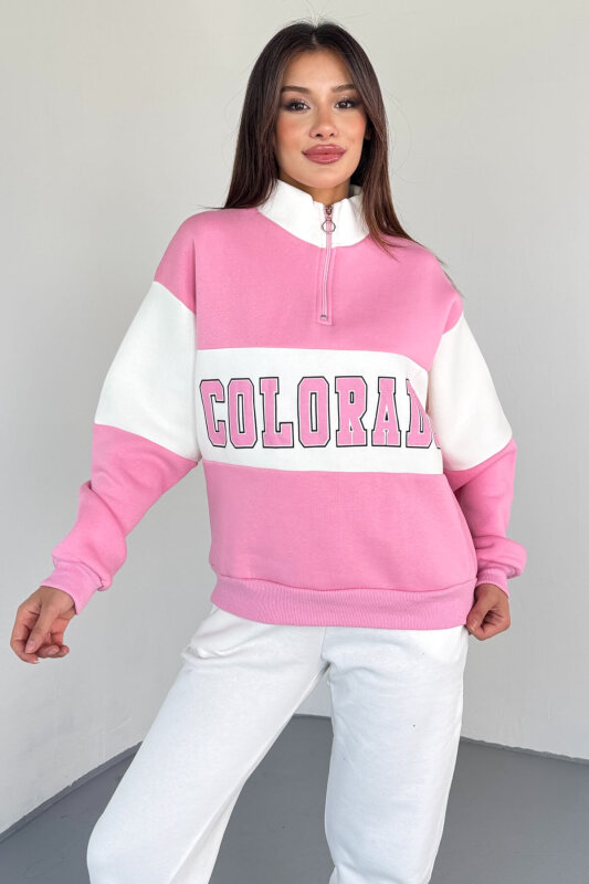 SWT-223 Pembe Renk Bloklu Colorado Baskılı Yarım Fermuarlı Sweatshirt - 5
