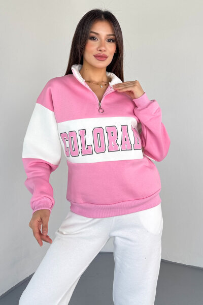 SWT-223 Pembe Renk Bloklu Colorado Baskılı Yarım Fermuarlı Sweatshirt - 6