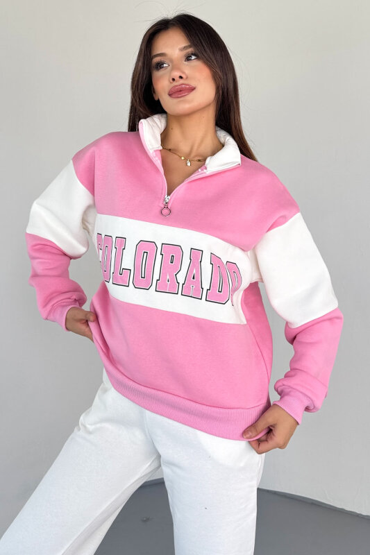 SWT-223 Pembe Renk Bloklu Colorado Baskılı Yarım Fermuarlı Sweatshirt - 1