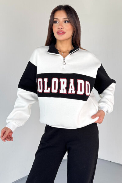 SWT-223 Siyah Renk Bloklu Colorado Baskılı Yarım Fermuarlı Sweatshirt - 4