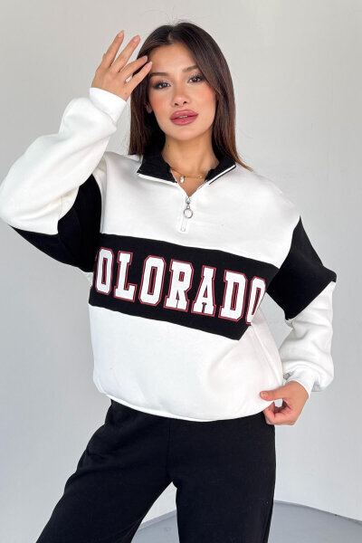 SWT-223 Siyah Renk Bloklu Colorado Baskılı Yarım Fermuarlı Sweatshirt 