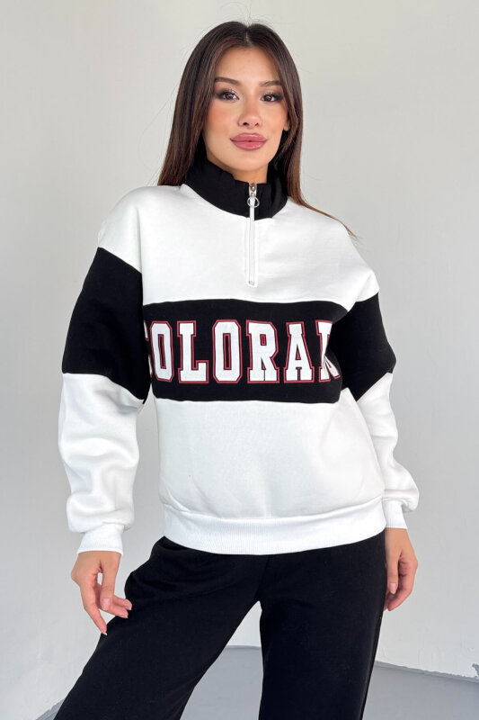 SWT-223 Siyah Renk Bloklu Colorado Baskılı Yarım Fermuarlı Sweatshirt - 5