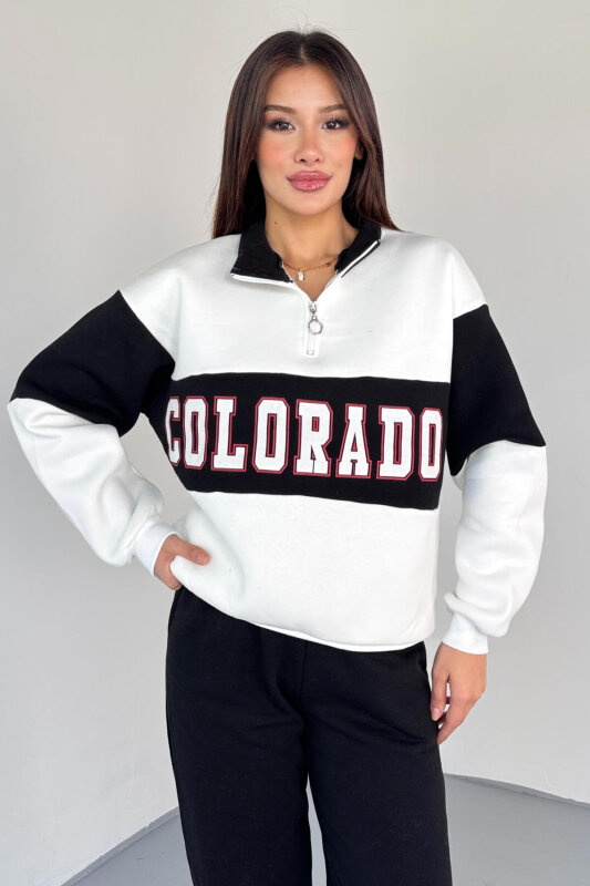 SWT-223 Siyah Renk Bloklu Colorado Baskılı Yarım Fermuarlı Sweatshirt - 6