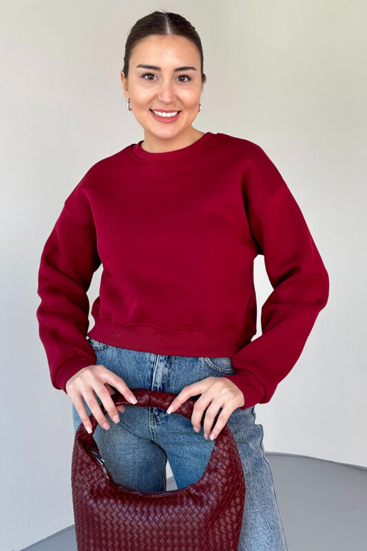 SWT-226 Bordo Basic Bisiklet Yaka Sweatshirt - 1
