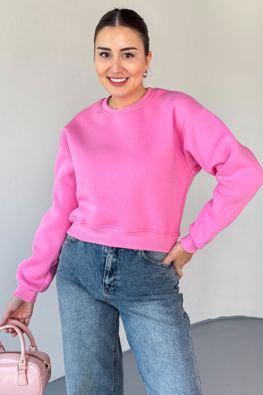 SWT-226 Pembe Basic Bisiklet Yaka Sweatshirt - 1