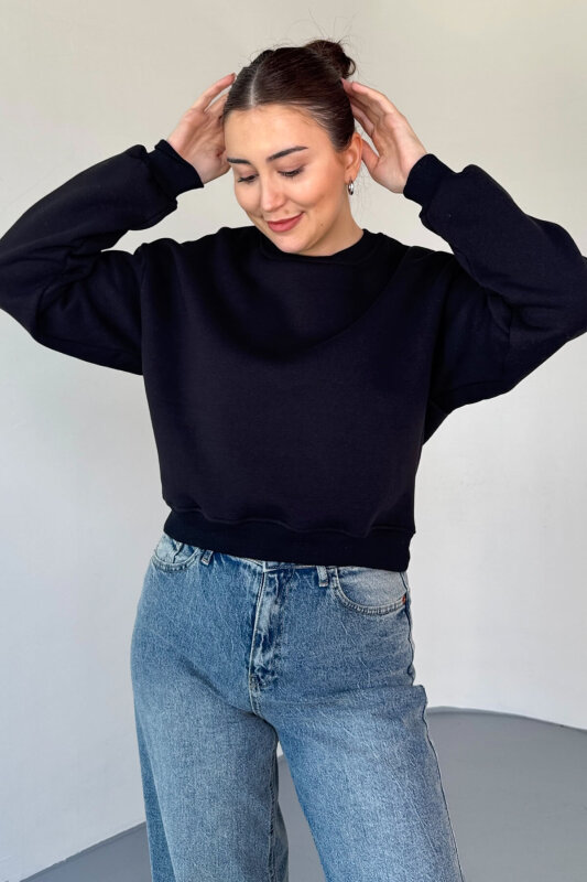 SWT-226 Siyah Basic Bisiklet Yaka Sweatshirt - 1