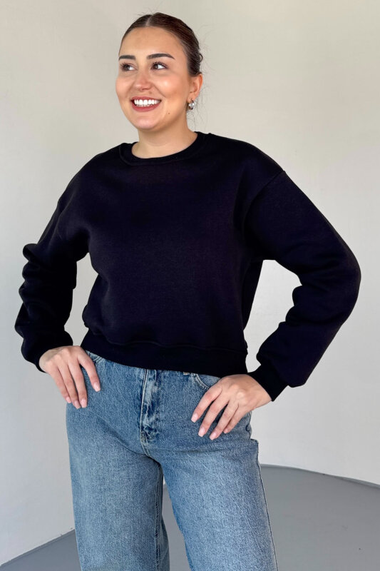 SWT-226 Siyah Basic Bisiklet Yaka Sweatshirt - 2