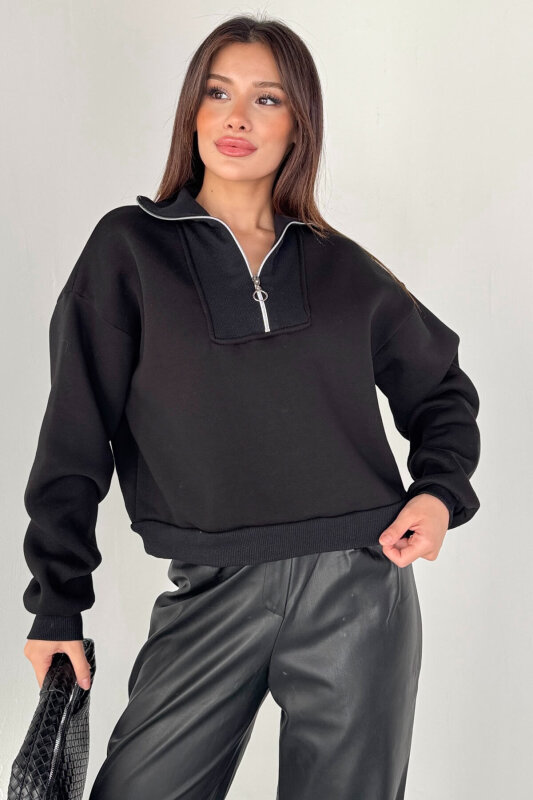 SWT-227 Siyah Fermuar Detaylı Yarım Boğaz Cropped Sweatshirt - 1