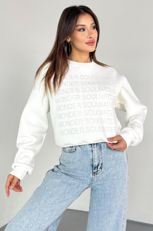 SWT-231 Beyaz Wonder Soulmate Is Taş Yazı Baskılı Sweatshirt - 1
