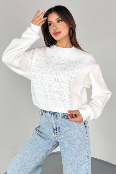 SWT-231 Beyaz Wonder Soulmate Is Taş Yazı Baskılı Sweatshirt - 2