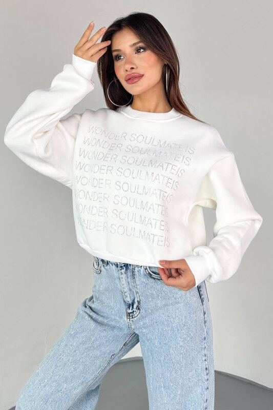 SWT-231 Beyaz Wonder Soulmate Is Taş Yazı Baskılı Sweatshirt - 2